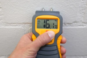 man holding moisture meter for humidity testing of wall phoenix az